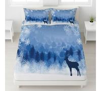 Luxury Printed Deer Silhouette Snowflakes Forest Fitted Sheet Minimalist Deep Fitted Sheet Nordic Fairytale Serene Deep Corner Elasticated Bed Sheet for Adults - Light Blue - 120 x 190 x 30