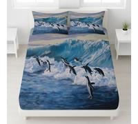 Luxury Printed Penguins Huge Waves Fitted Sheet Hyper-Realistic Oil Painting Fitted Sheet Polar Animals Natural Deep Corner Elasticated Bed Sheet for Girls & Adults - Light Blue - 135x190x30