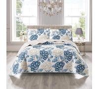 Luxury Printed Quilted Bedspread Patchwork Floral Comforter Set 3 Piece Bed Throw With Pillow Shams (Bloom Blue, Single)