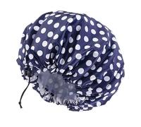 Luxury Printed Satin Silk Double Layer Adjustable Shower Cap, Waterproof Inner Lining, Premium Elastic Fit, Reusable, White and Purple Floral Design (Navy)