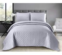 Luxury Quilted Bedspread With Matching Pillowcases, Easy Care Diamond Floral Embossed Pattern Comforter Set, Ultrasonic Microfibre Premium Bed Throws, (Silver -King)