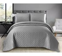 Luxury Quilted Bedspread With Matching Pillowcases, Easy Care Diamond Floral Embossed Pattern Comforter Set, Ultrasonic Microfibre Premium Bed Throws, (Grey -King)