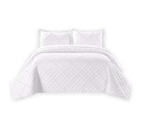 Luxury Quilted Solid Colour Bedspread Ruffle Embossed Comforter with Pillow Case Bedding Set (White, Double)