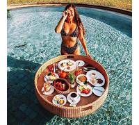 Luxury Rattan Floating Serving Tray Floating Tray With Handle Pool Floats Multi-Purpose Wicker Dining Tray For Pool Service Drinks Brunch Food On The Table White-80 * 80 * 20cm