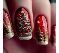 Luxury Red Glitter Fake Nails 24PCS Christmas Snowflake Rhinestones ABS Manicure Essential Waterdrops Gel Christmas Nail with Diamonds