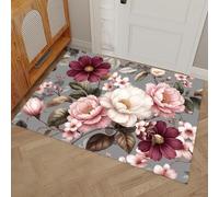 Luxury Retro Style Non Slip Door Mat - 40 x 60 cm Thin Rubber Back Doormat for Bathroom - Peony Cherry Blossom Floor Mat Absorbent Quick dry Washable for Living Room Entryway Laundry Room, Gray-Green