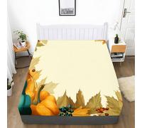 Luxury Retro Style Super King Size Fitted Sheets Set - Soft Brushed Microfiber Autumn Pumpkin Fallen Leaves Berries Printed Bedsheet, Easy Care Fade Resistant Breathable Fitted Sheet 30cm Deep