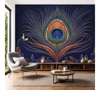 Luxury Retro Wall Murals, 350x256cm Photo Mural Printed Magnificent Peacock Tail Feathers Wall Covering Fabric, Large Photo Wallpaper for Living Room Bedroom Office Kids DIY Decoration, Navy Blue