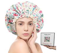 Luxury Reusable Shower Cap for Women Double Layered Shower Caps Bonnet with Adjustable Elastic Strap, Leakproof Nonslip Large Satin Lined Shower Bath Cap for All Hair Lengths-Ladies Gift Red-Flower