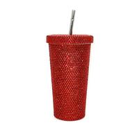 Luxury Rhinestone Drinking Tumbler with Metal Straw, Large 750ml Stainless Steel Cup, Crystal Glitter Design, Multiple Colours (Red)