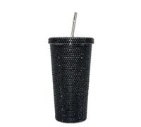 Luxury Rhinestone Drinking Tumbler with Metal Straw, Large 750ml Stainless Steel Cup, Crystal Glitter Design, Multiple Colours (Black)