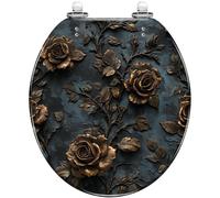 Luxury Round Decorative Resin Toilet Seat Baroque Rose Gothic Bronze Floral Roses Leaves Vines, Quiet Close Quick Release Hinges, Easy to Clean & Install