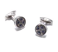 Luxury Round Deep Blue Cufflinks, Gold-Plated Floral Pattern, Silver-Tone Metal Frame, Vintage Style Design for Formal Business and Wedding Attire