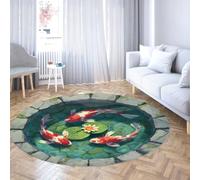 Luxury Round Rug 80cm Japanese Stone Pond Lotus Koi Fish Circular Rugs 3D style Machine Washable Carpet Non Slip Foldable Low Pile Thin Throw Mat for Living Room Bedroom Kitchen Entrance Office