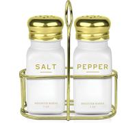 Luxury Salt and Pepper Shakers Set with Holder by Brighter Barns - Modern Kitchen Essentials, White and Gold Kitchen Accessories - Vintage Glass Shakers with Caddy for Restaurant, Airbnb (White/Gold)