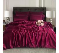 Luxury Satin Silk 6-Piece Bedding Set - Complete Set with Fitted Sheet, Duvet Cover & 4 Pillowcases - Soft, Smooth & Elegant Sleep Essentials (BURGUNDY, Double)