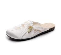 Luxury Satin Silk Chinese Style Slippers Women's Ethnic Style Flower Embroidered Flat Mules Elegant Cheongsam Hanfu Shoes Round Toe Fashion Sandals(White,7 UK)
