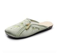 Luxury Satin Silk Chinese Style Slippers Women's Ethnic Style Flower Embroidered Flat Mules Elegant Cheongsam Hanfu Shoes Round Toe Fashion Sandals(Green,4.5 UK)
