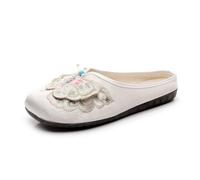 Luxury Satin Silk Embroidered Flat Mules Women's Chinese Style Elegant Cheongsam Hanfu Shoes Lightweight Comfort Closed Toe Slippers Non-Slip Home Slippers(White,5 UK)