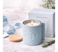 Luxury Scented Candle with Wooden Lid 200g - Rosemary Fresh Rose Oudh Bergamot Fragrances - Decorative Glass Jar Candle for Home Fragrance Relaxation Gift JR2557 (Calm Rosemary - Blue)