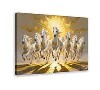 Luxury Seven Running Horses Canvas Print Wall Art White Horses Vastu Prosperity Design for Living Room Bedroom, 08x12inch(20x30cm) Frame