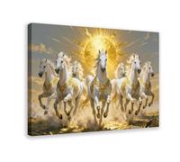 Luxury Seven Running Horses Vastu Canvas Wall Art Print White Horses Golden Sunrise for Living Room Office Decor, 08x12inch(20x30cm) Frame