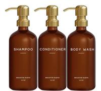 Luxury Shampoo and Conditioner Dispenser Set by Brighter Barns - Empty Shampoo Bottles Refillable with Gold Pump - Plastic Shower Soap Dispenser for Modern Bathroom Decor in Airbnb, Spa (Amber Gold)