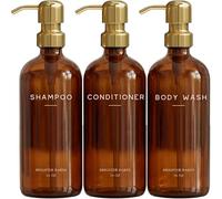 Luxury Shampoo and Conditioner Dispenser Set by Brighter Barns - Empty Shampoo Bottles Refillable with Gold Pump - Plastic Shower Soap Dispenser for Modern Bathroom Decor in Airbnb, Spa (Amber Gold)