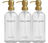 Luxury Shampoo and Conditioner Dispenser Set by Brighter Barns - Shampoo Conditioner Body Wash Dispenser - Refillable Plastic Shower Bottles for Gold Bathroom Decor, Airbnb, Spa, Hotel (Clear/Gold)
