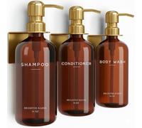 Luxury Shampoo and Conditioner Dispenser Set Wall Mounted by Brighter Barns - Plastic Shower Dispenser Set - 3 Chamber Drill Free Shampoo Bottle - Modern Bathroom Decor for Guest Bathroom (Amber Gold)