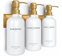 Luxury Shampoo and Conditioner Dispenser Set Wall Mounted by Brighter Barns - Refillable Shampoo and Conditioner Bottles - Shower Dispenser 3 Chamber No Drill - White and Gold Bathroom Decor (Gold)