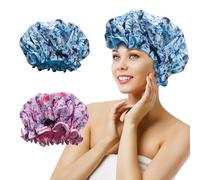 Luxury Shower Cap for Women Reusable Waterproof, 2 PCS Double Layered Shower Caps Bonnet with Adjustable Elastic Strap, Large Satin Lined Shower Bath Cap for All Hair Lengths-Ladies Gift Packing