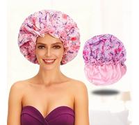 Luxury Shower Cap for Women Reusable Waterproof, Double Layered Shower Caps Bonnet with Adjustable Elastic Strap, Large Satin Lined Shower Bath Cap for All Hair Lengths-Ladies Gift Pink-Flower