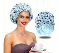 Luxury Shower Cap for Women Reusable Waterproof, Double Layered Shower Caps Bonnet with Adjustable Elastic Strap, Large Satin Lined Shower Bath Cap for All Hair Lengths-Ladies Gift Blue-Flower