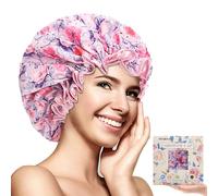 Luxury Shower Cap for Women Reusable Waterproof, Double Layered Shower Caps Bonnet with Adjustable Elastic Strap, Large Satin Lined Shower Bath Cap for All Hair Lengths-Ladies Gift Pink-Flower