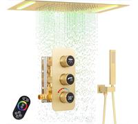 Luxury Shower Faucets Set Digital Shower System 20X14Inch Led Modern Rainfall Shower with Handheld Run Simultaneously, Brushed Gold Shower Fixture with Glowing Icon Temperature Display Brass Valve