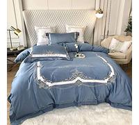 Luxury Silk Satin Bedding Set Soft Breathable Duvet/Quilt Cover Flat Sheet Pillowcases Silk Cotton Embroidery Bed Set 4pcs (Color : Pink Size : Double) (Blue Full)