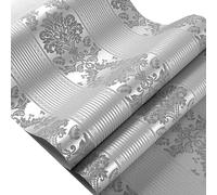 Luxury Silver Grey Damask Wallpaper Metallic Grey Wallpaper Luxury Floral Embossed Flock Textured Non-Woven Wallpaper Roll for Bedroom Livingroom Hallway