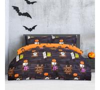 Sleepdown Haunted House Reversible Halloween Duvet Set - Spooky Ghouls and Monsters Design Duvet Cover with Pillowcase, Charcoal, Single (135x200 Cm) Soft Polyester Bedding Set