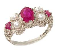 Luxury Solid 925 Sterling Silver Natural Ruby & Pearl Victorian Ring - Size Q