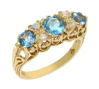Luxury Solid 9ct Hallmarked Gold Blue Topaz & Opal Victorian Style Ring - Size M 1/2