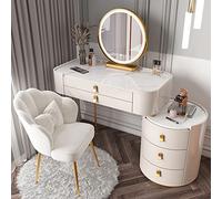 Luxury Solid Wood Makeup Table Set with LED Mirror & Rock Slab Top 5 Drawer Elegant Vanity Storage Cabinet & Telescopic Stool for Bedroom Decor