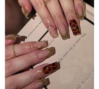 Luxury Square Acrylic French Press-On Nails with Gold 3D Gel Designs - Reusable False Nails for Women Featuring Leopard Print and Olive Green Accents, Ideal for Parties, Events and Daily Wear