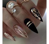 Luxury Stiletto Press On Nails, Black and Gold Marble Design with Glitter Accents, 24 Pieces Almond Shaped, Medium Length with Glossy Amber, Gplden Foil & Sparkle Accent