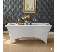 Luxury Stretch Spandex Rectangular Table Cover for 6Ft Folding Tables, White, 6Ft Length, Fabric with Foot Pockets, for Events, Weddings, Banquets