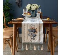 Luxury Table Runner with Multi-Tassels, Long Elegant Embroidery Jacquard Table Runner Dresser Scarf for Dining Room Party Banquet Coffee Table, White, 13x63inch