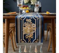 Luxury Table Runner with Multi-Tassels, Long Elegant Embroidery Jacquard Table Runner Dresser Scarf for Dining Room Party Banquet Coffee Table, Blue, 13x63inch