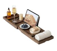 Luxury Teak Bathtub Tray Caddy, Foldable With Expandable Handles, Wine Glass & Phone Holders, Book Stand For Spa Relaxation, Elegant Bathroom Accessory