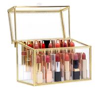 Luxury Tempered Glass Lipstick Holder, Compartments Modern Glass Lipstick Organizer, Lip Gloss Display Case, Gold Transparent Lipsticks Holder, 18.5x14x10cm for Cosmetics Nail Polish(18 grid)