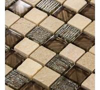 Luxury Textured Brown Iridescent Glass & Ivory Stone Mosaic Wall Tiles Sheet 8mm